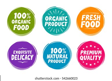 Collection symbols such as natural and organic product, fresh food, exquisite delicacy, premium quality. Icons vector illustration