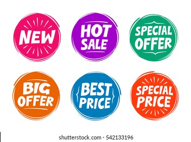 Collection symbols such as Special offer, Hot sale, Best price, New. Icons vector illustration