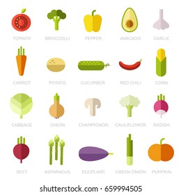 Collection of symbols of vegetables in a flat style. Set vector illustration. Trendy design. White isolated. Flat design elements. Raw diet. Healthy, natural, organic food
