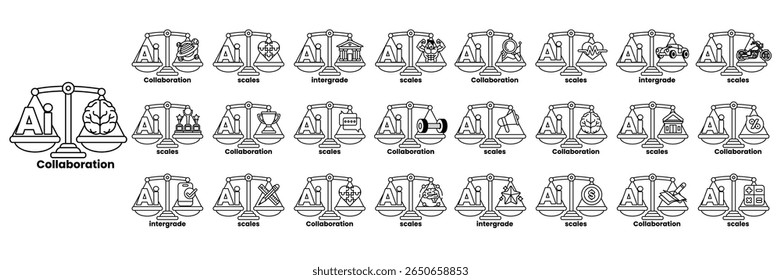 A collection of symbols and words that are related to collaboration. The symbols are arranged in a line and the words are written below them