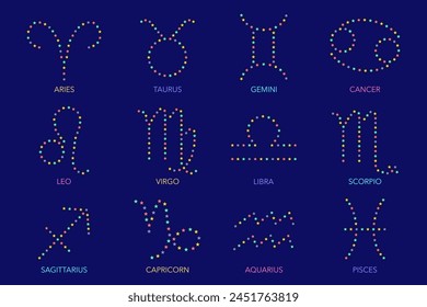 Collection of symbols of zodiac sign on white background.