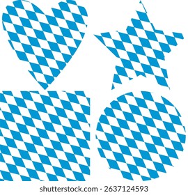 A collection of a symmetric heart, a five-pointed star, a square and a circle with a bavarian flag filling pattern.