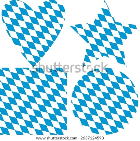 A collection of a symmetric heart, a five-pointed star, a square and a circle with a bavarian flag filling pattern.