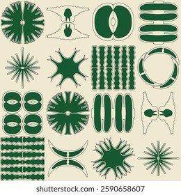 A collection of symmetrical, green, geometric shapes resembling microscopic desmids algae, set against a light beige background. The designs showcase radial and bilateral symmetry. Bauhaus style