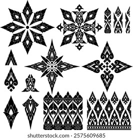 A collection of symmetrical star-inspired Thai motifs and borders in vector format. Suitable for design projects, decor, and cultural artwork.