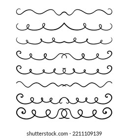A collection of symmetrical vector dividers with small curlicues, hand-drawn with a black line, isolated borders for a design template