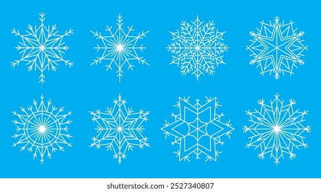 Collection of symmetrical white snowflakes. Vector illustration isolated on blue background