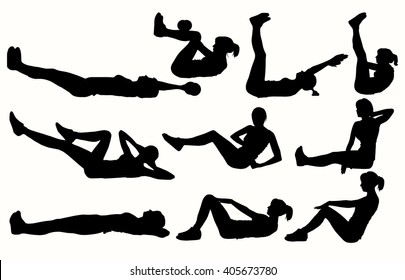 Collection of systematic for press exercises. Silhouette woman  in different poses.
