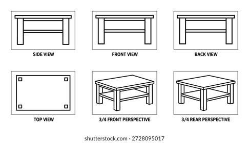 Colección de las vistas de la mesa, incluida la parte superior trasera delantera lateral y la perspectiva. Adecuado para presentaciones, planos y catálogos de diseño.