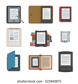 Collection of tablet computer books for reading. Modern devices with cloud technology. Mobile education concept. Flat style vector isolated illustration.