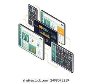 A collection of tablets displaying diverse data, arranged together on a flat surface for analysis and comparison
