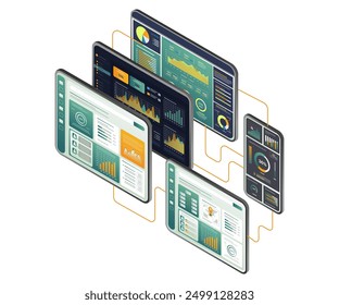 A collection of tablets displaying various types of data, showcasing diverse applications