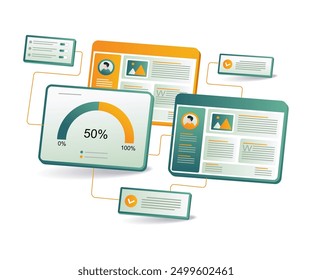 Collection of tablets presenting a variety of information, ranging from text to multimedia content