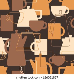 Collection of tableware, seamless pattern. Hand drawn backdrop with flat icons set. Colorful background with objects, tea time. Decorative wallpaper, good for printing for cafe