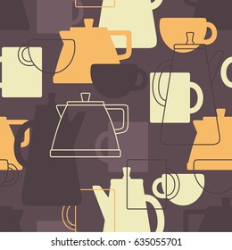 Collection of tableware, seamless pattern. Hand drawn backdrop with flat icons set, kettles and mugs. Colorful background with objects, tea time. Decorative wallpaper, good for printing for cafe