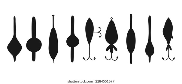 Collection of tackle and lures for fishing in silhouette style. Vector illustration.Set of silhouettes for fishing.