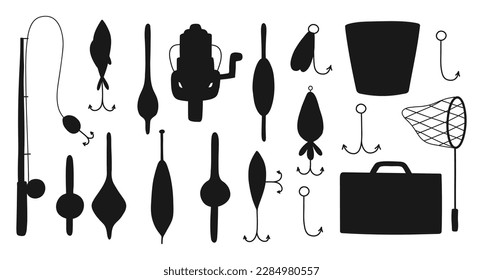 Collection of tackle and lures for fishing in silhouette style. Vector illustration.Set of silhouettes for fishing.