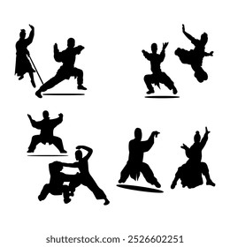 colección de siluetas de arte marcial de taekwondo con diferentes acciones, poses. aisladas sobre fondo blanco y negro, Ilustración vectorial.