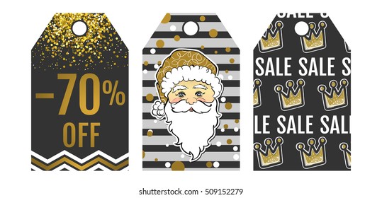 Collection tag of Christmas sale. Set labels with Merry Christmas lettering, Santa Claus and other Happy New Year attributes. Cute gift tags, banner, label, sale card. Holiday stickers design.