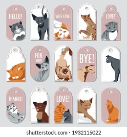 Collection of tags with cats of different breeds. Greeting, gift cards, postcards with cute adorable cat pets. Printable templates set cartoon vector illustration
