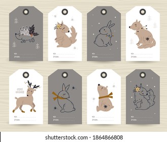 Collection of tags with Christmas items and animals. Printable cards templates.