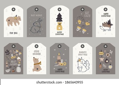 Collection of tags with Christmas items. Printable cards templates.