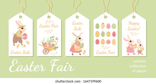 Collection of tags for Easter gifts or sales and fair with cute family of rabbits, eggs, chicken and plants. Cute cartoon vintage characters 