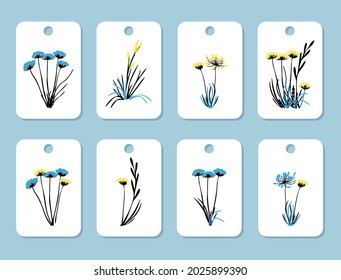 Collection of tags with floral elements on a white background in retro style. Vector illustration hand drawn set of labels for scrapbooking and decor.