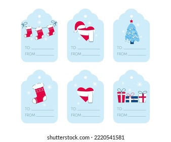 Collection of tags for gifts. Christmas labels for signing gifts.