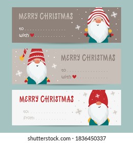 Collection of tags with Gnomes and holiday wishes. Printable cards templates.