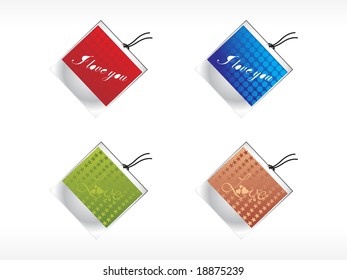 collection of tags with love note in red, blue, green, and brown