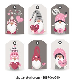 Collection of tags with Valentine Gnomes and holiday wishes. Printable cards templates.