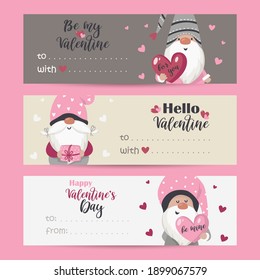 Collection of tags with Valentine Gnomes and holiday wishes. Printable cards templates.