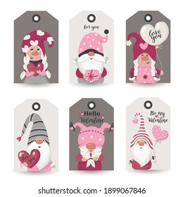 Collection of tags with Valentine Gnomes and holiday wishes. Printable cards templates.