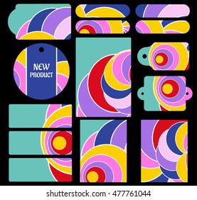 A collection of tags with various geometric background textures in vibrant colors.Websites marketing icons. Clothing labels.