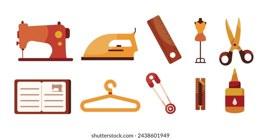 A collection of tailoring icons presented in a flat design, including a sewing machine, mannequin, and scissors, suitable for fashion and design projects