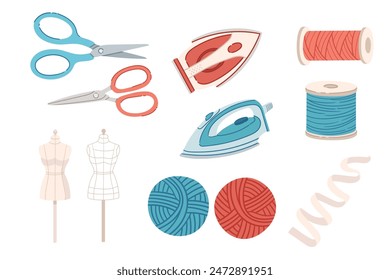 Collection of tailoring items vector illustration isolated on white background