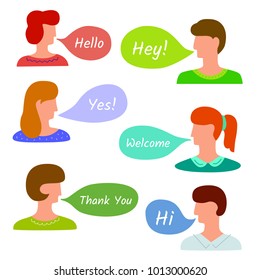 Collection of talking characters. Faces of man and womans with colorful speech bubbles and words Hey, Yes, Welcome, Thank You, Hello. Dialog concept. Vector illustration.