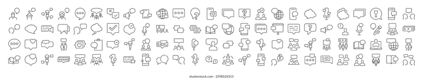 Collection of Talking and Dialogue Related Line Icons. Speech Bubble Outline Signs for Graphic and Web Design, Apps, Adverts, Various Cards