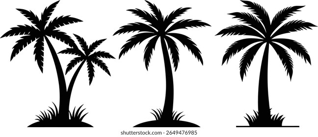 Collection of tall palm tree silhouettes perfect for tropical-themed illustrations, summer projects, and beach designs.