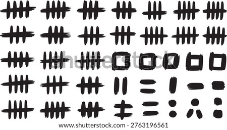 Collection of tally marks and counting hand-drawn signs vector illustration. Various black sketch styles isolated on a transparent background for scorekeeping, daily tasks, bullet journals, and math education.