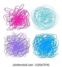 Collection of tangled circle pattern. Intricate textures. Chaotic lines. Background with chaos stripes and waves. Print for polygraphy, t-shirts, banners and textiles. Colored illustration