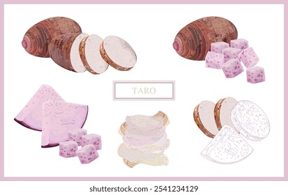 A collection of taro in various shapes and sizes, arranged in a seamless pattern on a white.