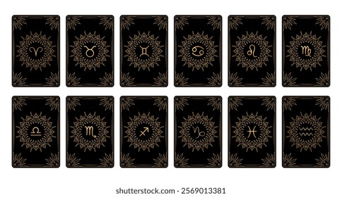 Collection of tarot cards with  zodiac signs in line art style with golden gradient