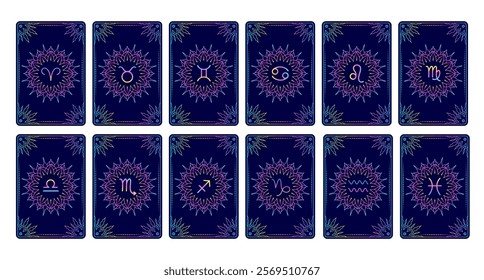 Collection of tarot cards with  zodiac signs in line art style with gradient colors. 