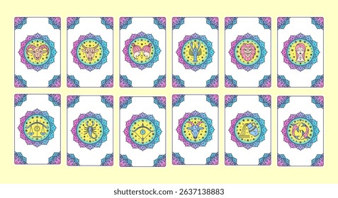 Collection of tarot cards with zodiac signs on white background.