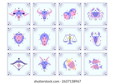 Collection of tarot cards with zodiac signs on white background.
