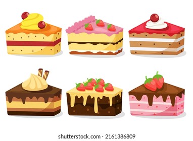Collection of Tasty cake slices with frosting and cream with fruit topping drawing style for graphic designer, vector illustration.