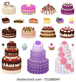 Collection of tasty cakes of different types and colors, decorated with strawberries, raspberries and cherries on vector illustration