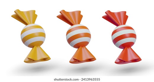 Colección con deliciosos caramelos con envoltura naranja, amarilla y roja con rayas blancas. Concepto de truco o tratamiento. Ilustración vectorial en estilo 3d con sombra